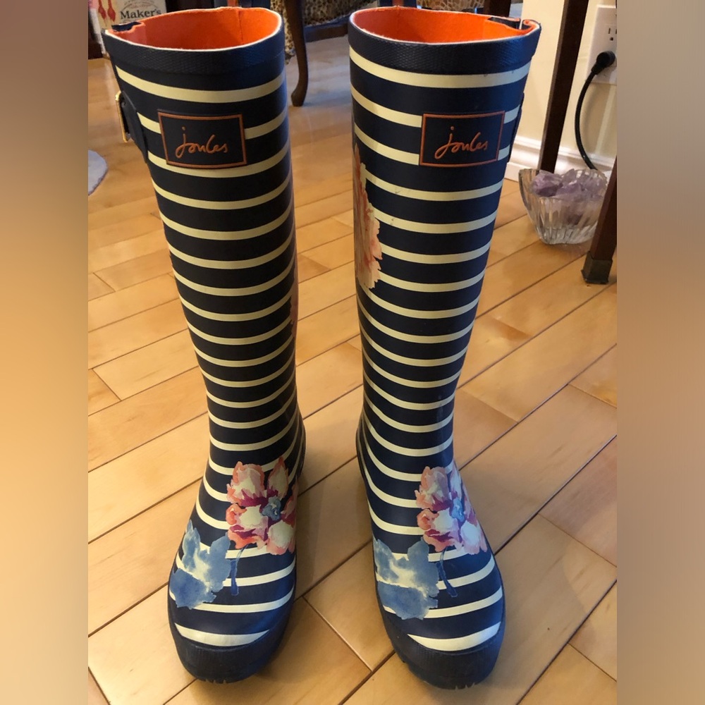 Joules Navy Striped Floral Rain Boots